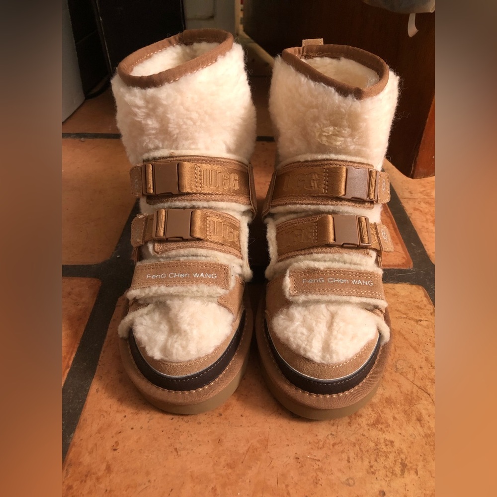 UGG Cream and Tan Shearling Strap Ankle Boots